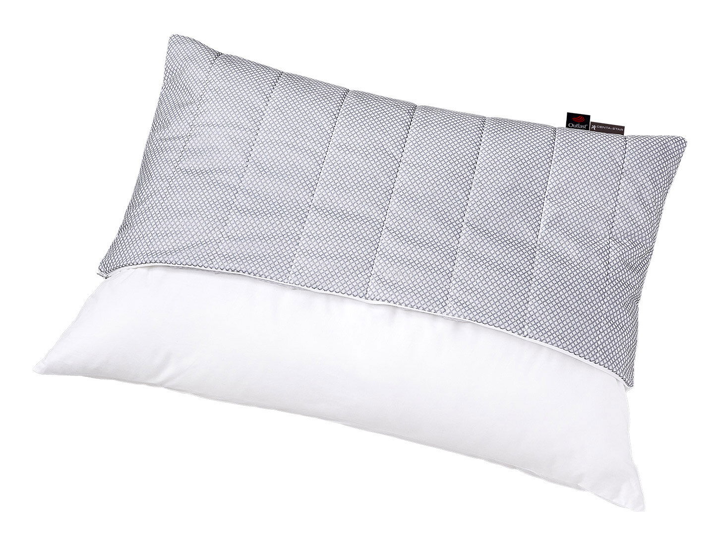 Gestepptes Kissen 40x80cm in schräger Perspektive, obere Hälfte mit grauem Muster, untere Hälfte weiß.