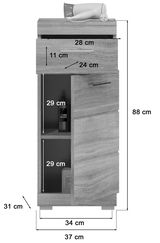 Standschrank mit einer Schublade und zwei Fächern, Maße: 88 cm hoch, 37 cm breit, 31 cm tief, Frontansicht