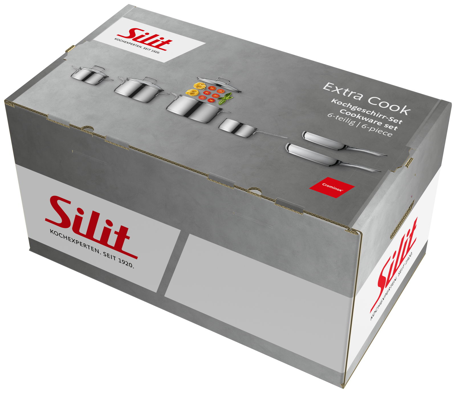 Kochgeschirrset 6-teilig von Silit in einer grauen Verpackung, perspektivisch von oben rechts fotografiert.