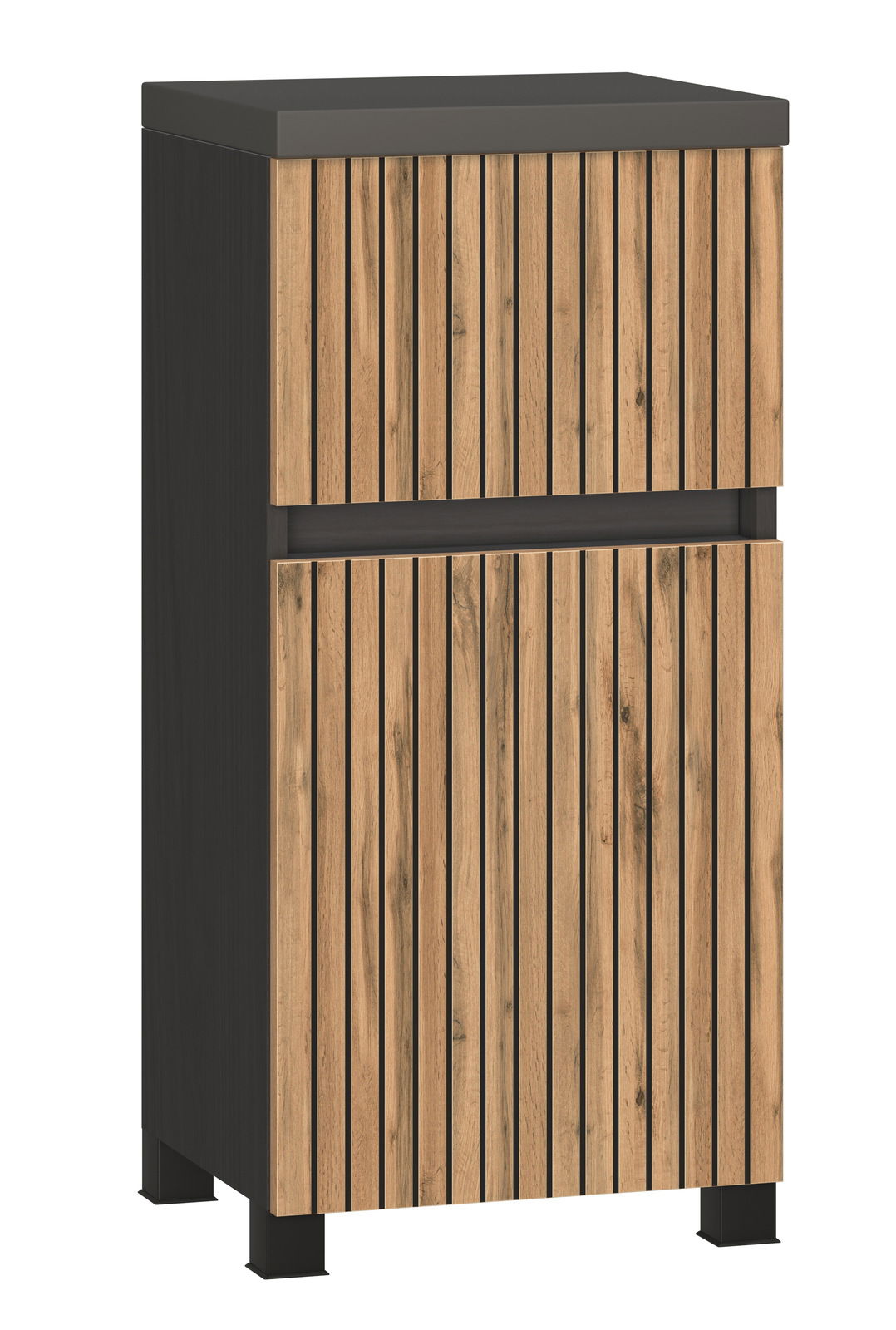 Moderner Unterschrank mit Holzlamellen-Design, frontal abgebildet.