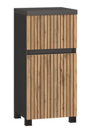 Moderne onderkast met houten lamellen, afgebeeld vanaf de voorkant.