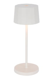 Weiße Akku-Tischleuchte mit rundem Sockel und zylindrischem Schirm, seitliche Perspektive