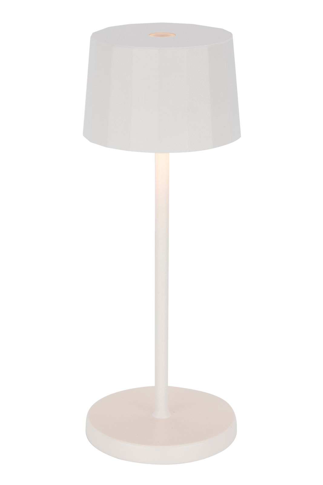 Weiße Akku-Tischleuchte mit rundem Sockel und zylindrischem Schirm, seitliche Perspektive