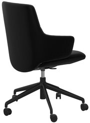 Schwarzer Drehstuhl mit hoher Rückenlehne, seitliche Perspektive