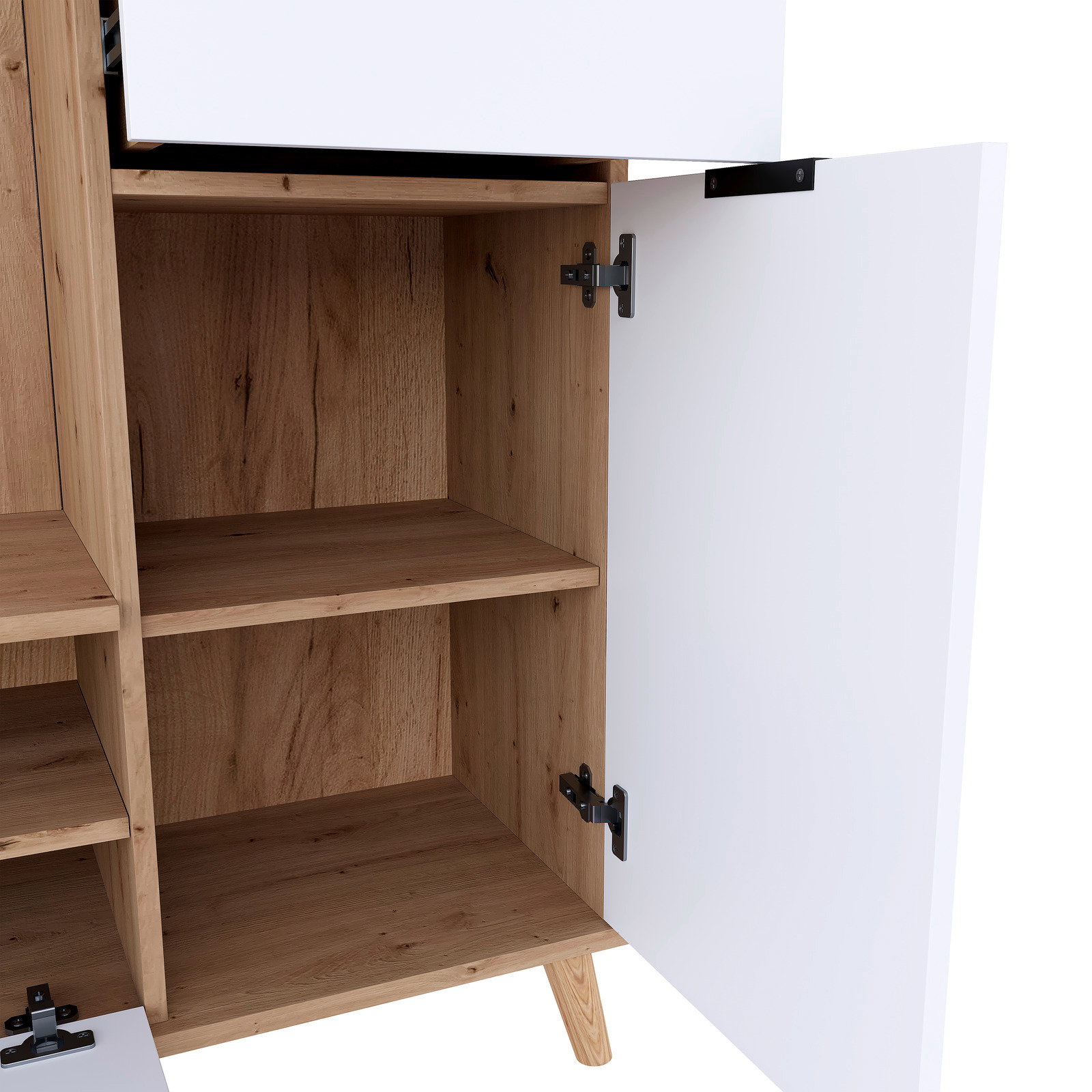 Offene Kompaktgarderobe aus Holz mit weißen Türen, Innenansicht mit Regalböden, Perspektive von vorne.