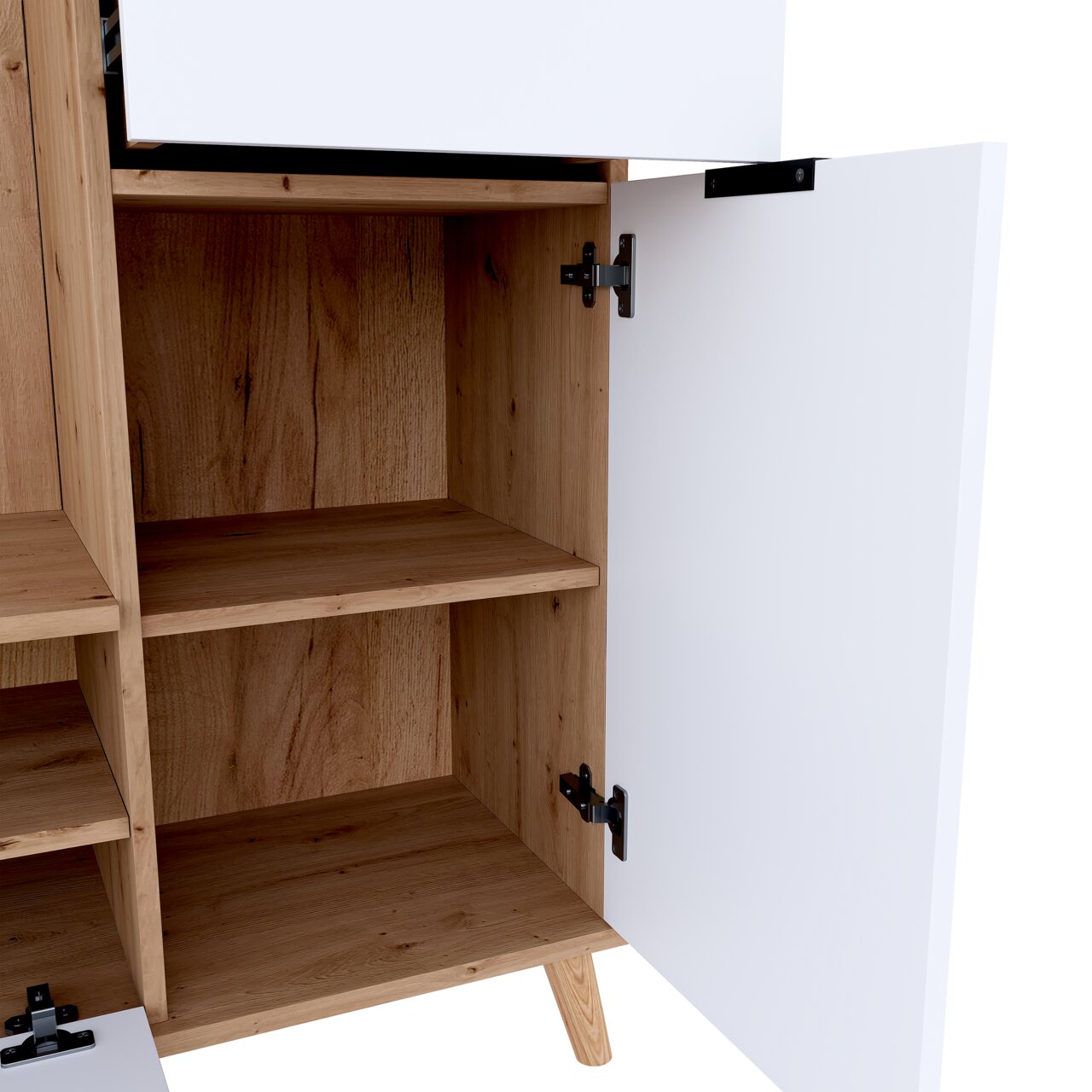 Offene Kompaktgarderobe aus Holz mit weißen Türen, Innenansicht mit Regalböden, Perspektive von vorne.