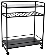 Moderner schwarzer Servierwagen mit zwei Ablagen und Rollen, seitliche Perspektive