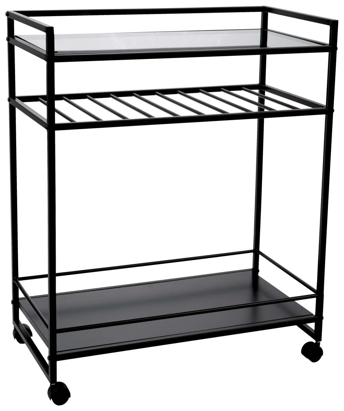 Moderner schwarzer Servierwagen mit zwei Ablagen und Rollen, seitliche Perspektive