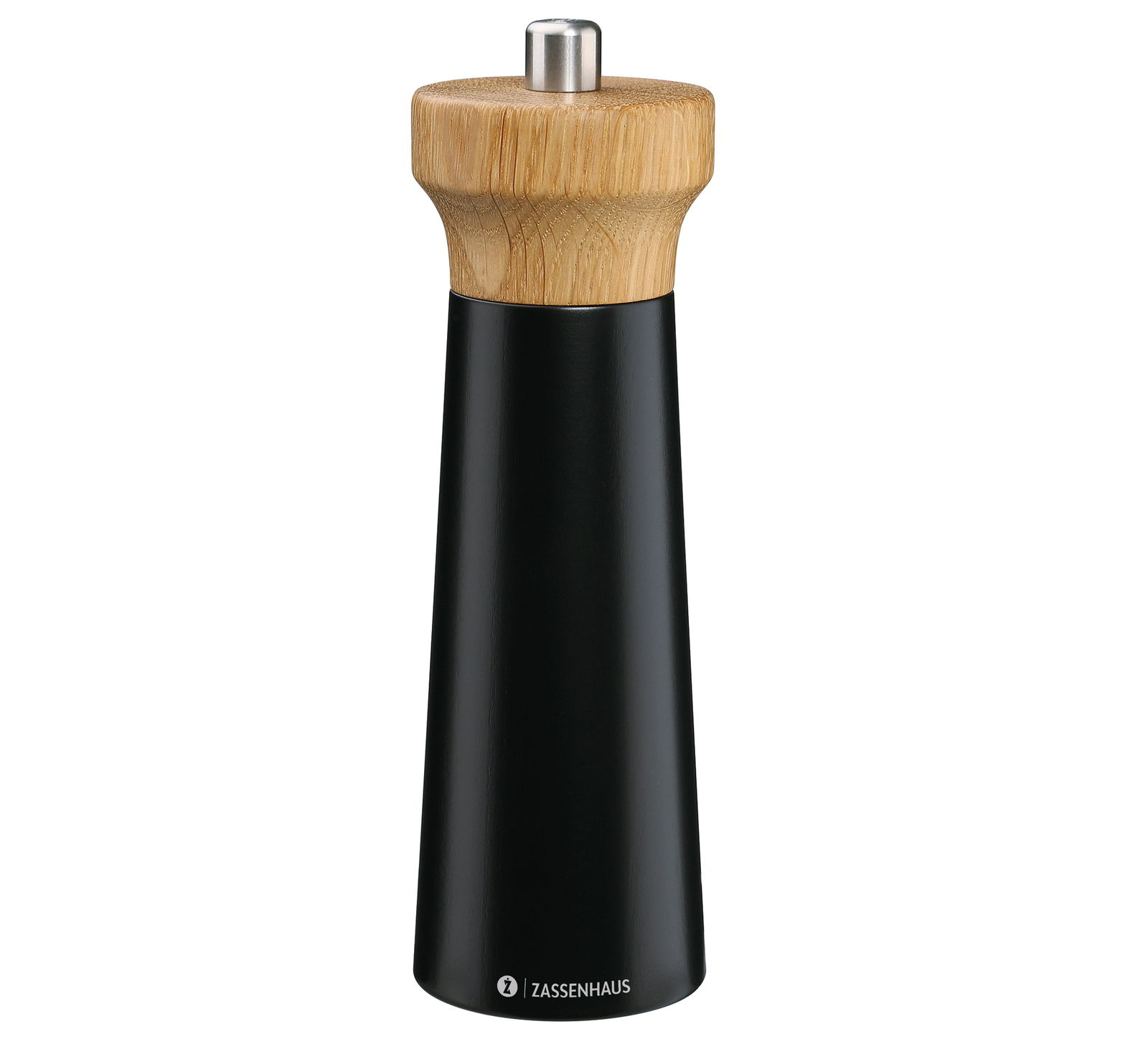 Schwarze Pfeffermühle aus Holz mit Edelstahlknopf, frontal abgebildet