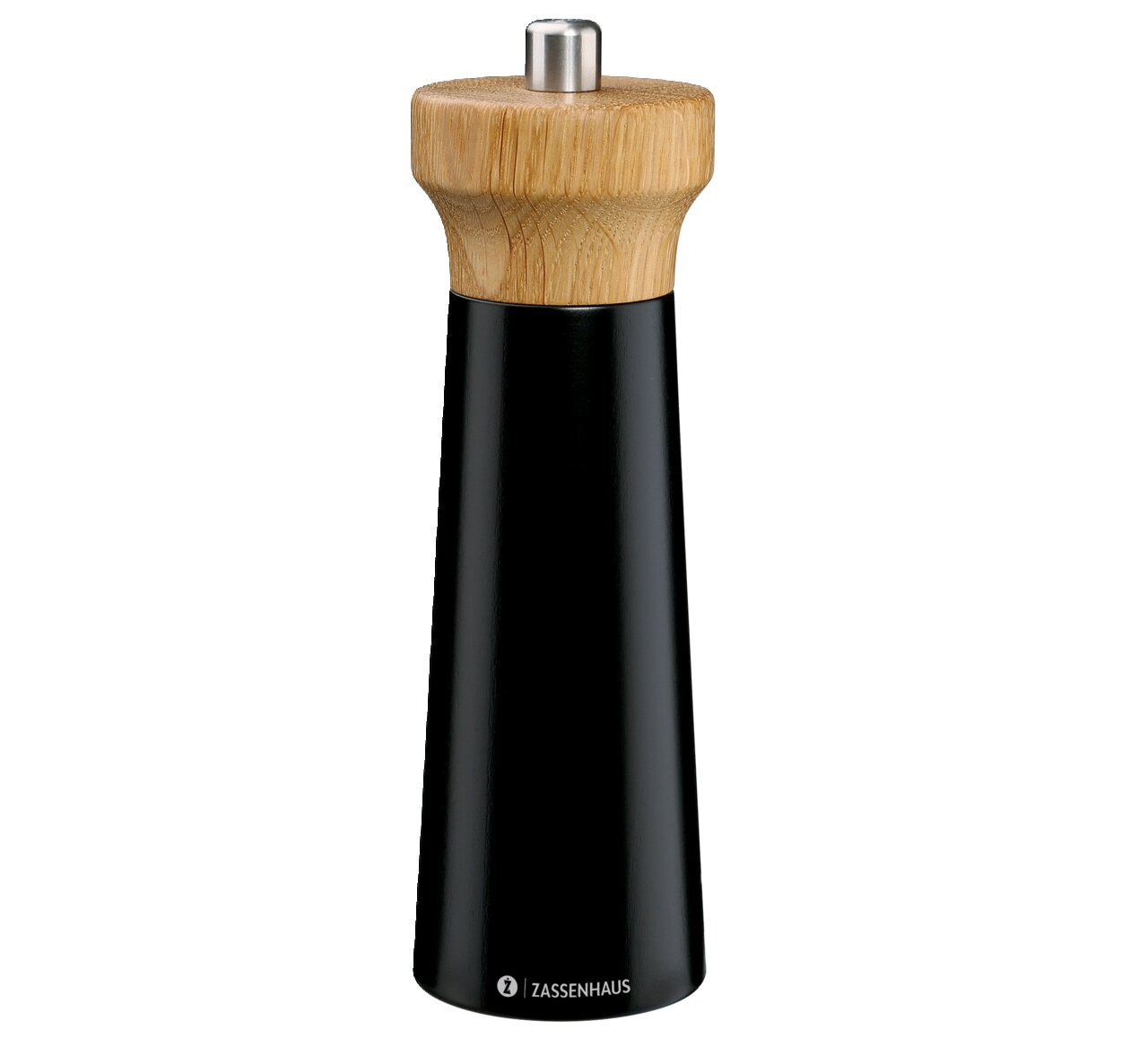 Schwarze Pfeffermühle aus Holz mit Edelstahlknopf, frontal abgebildet