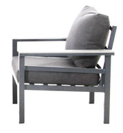 Moderner grauer Sessel aus Metall und Stoff, Seitenansicht