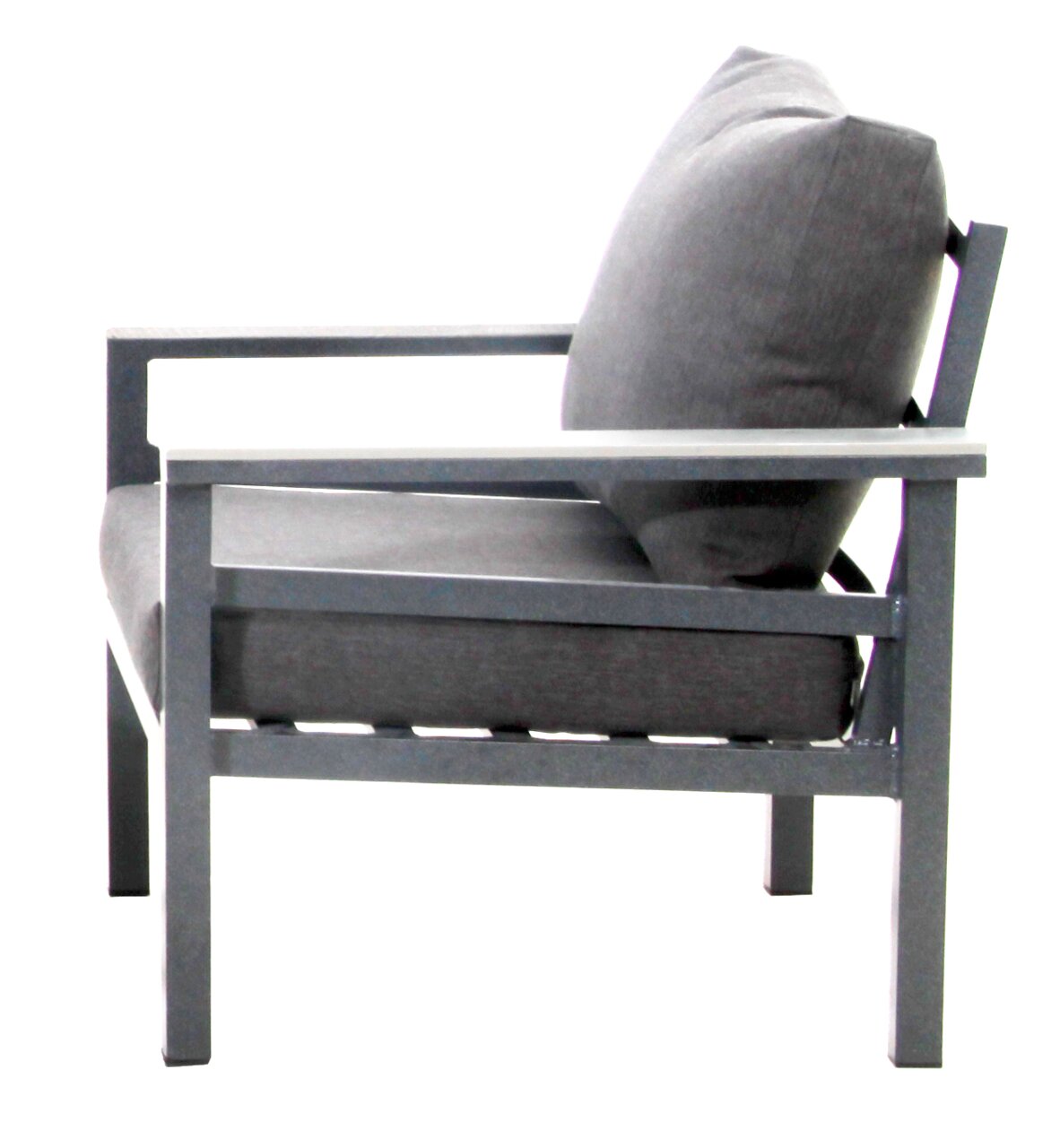 Moderne grijze fauteuil van metaal en stof, zijaanzicht