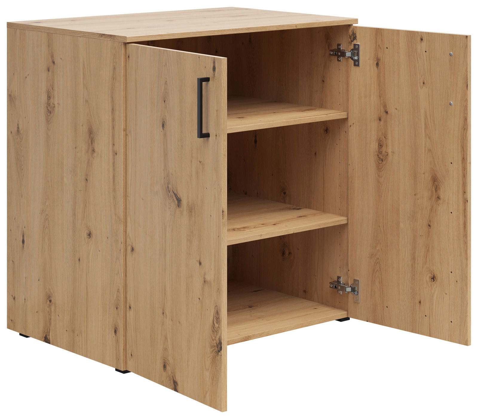 Kommode aus Holz mit zwei offenen Türen und zwei Einlegeböden, Perspektive von vorne links