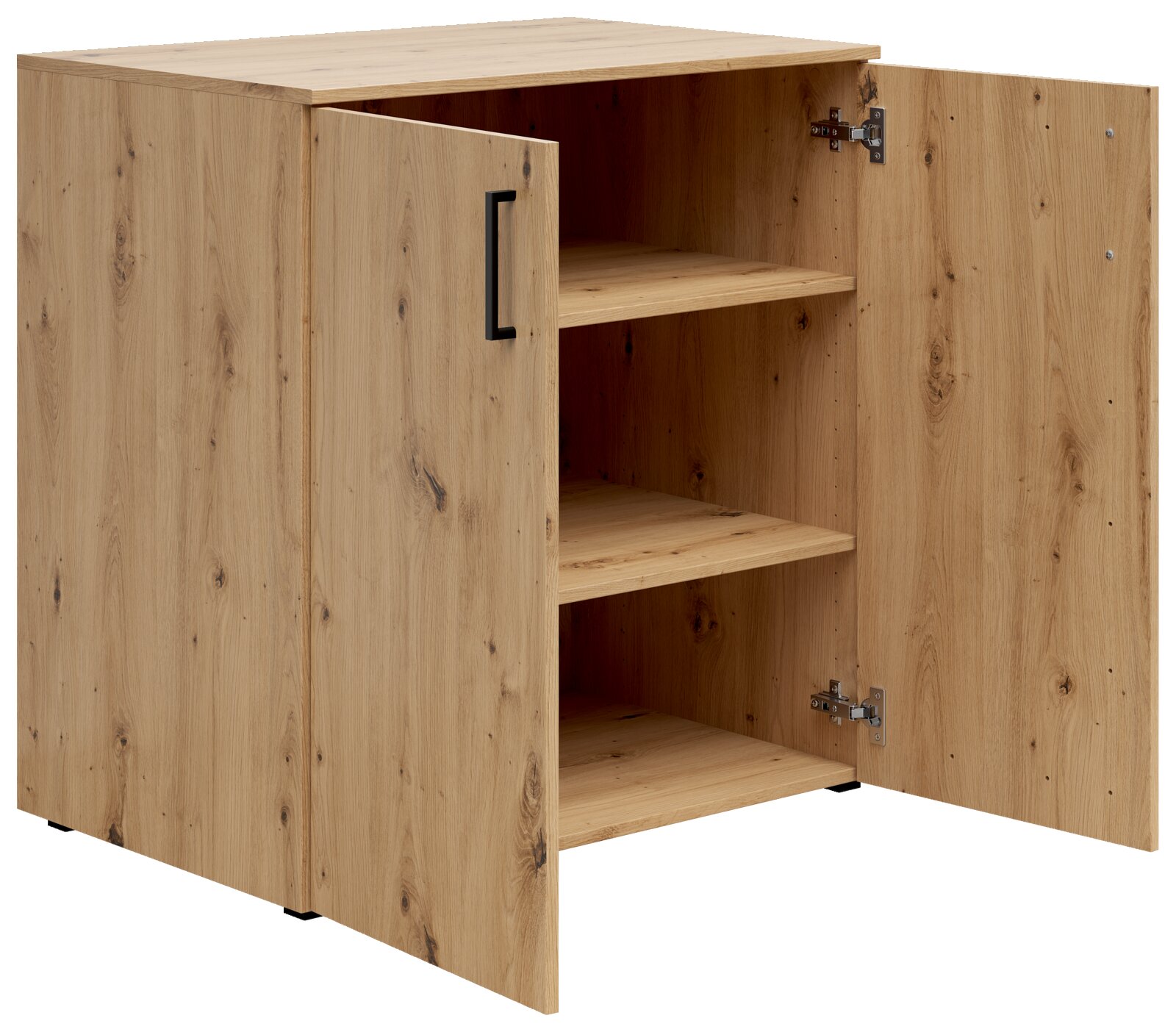 Kommode aus Holz mit zwei offenen Türen und zwei Einlegeböden, Perspektive von vorne links