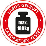 Sicht von oben auf ein rundes Siegel mit der Aufschrift 'LABOR GEPRÜFT' und 'LABORATORY TESTED', in der Mitte ein Symbol für ein Gewicht mit der Angabe 'max. 180kg'.