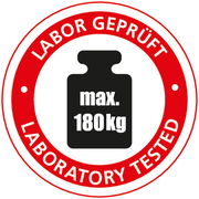 Sicht von oben auf ein rundes Siegel mit der Aufschrift 'LABOR GEPRÜFT' und 'LABORATORY TESTED', in der Mitte ein Symbol für ein Gewicht mit der Angabe 'max. 180kg'.