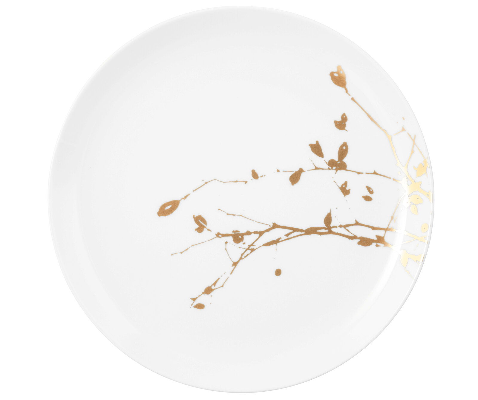 Eleganter Speiseteller mit goldenen Zweigen, Draufsicht