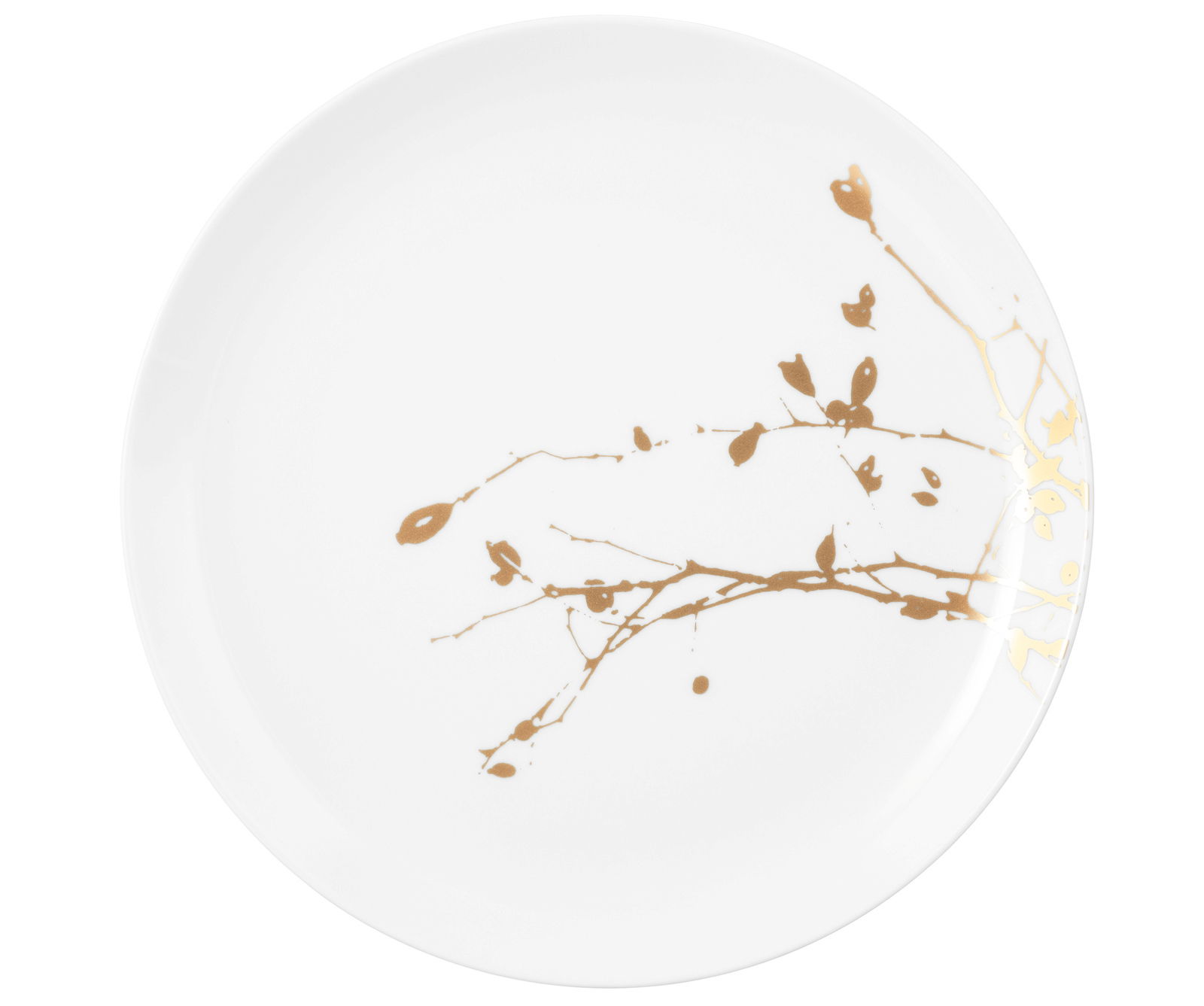 Eleganter Speiseteller mit goldenen Zweigen, Draufsicht