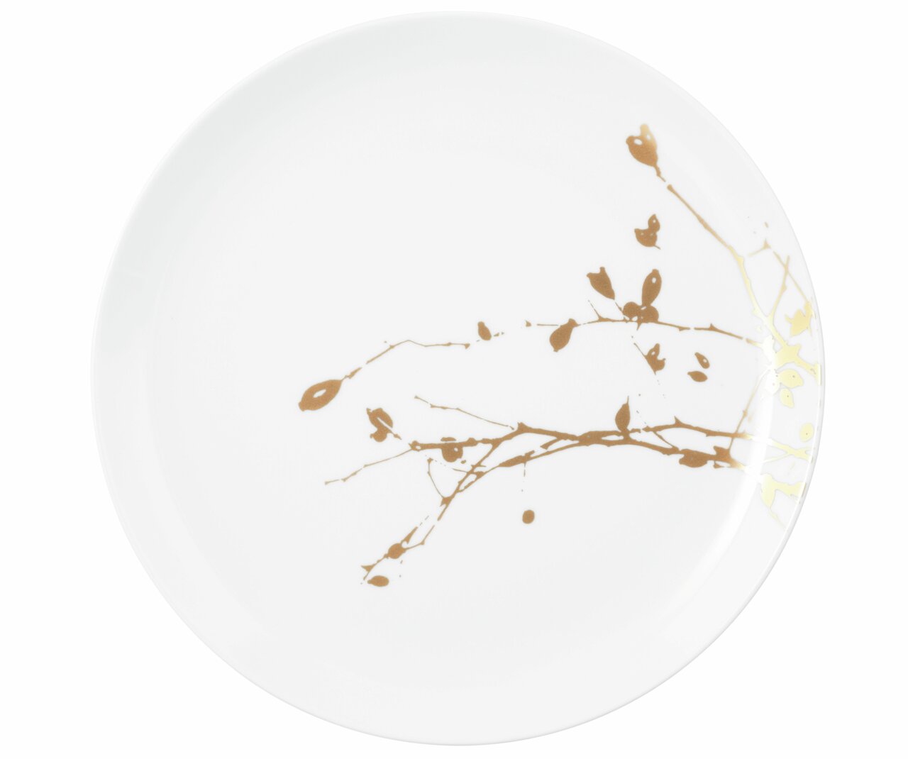 Eleganter Speiseteller mit goldenen Zweigen, Draufsicht