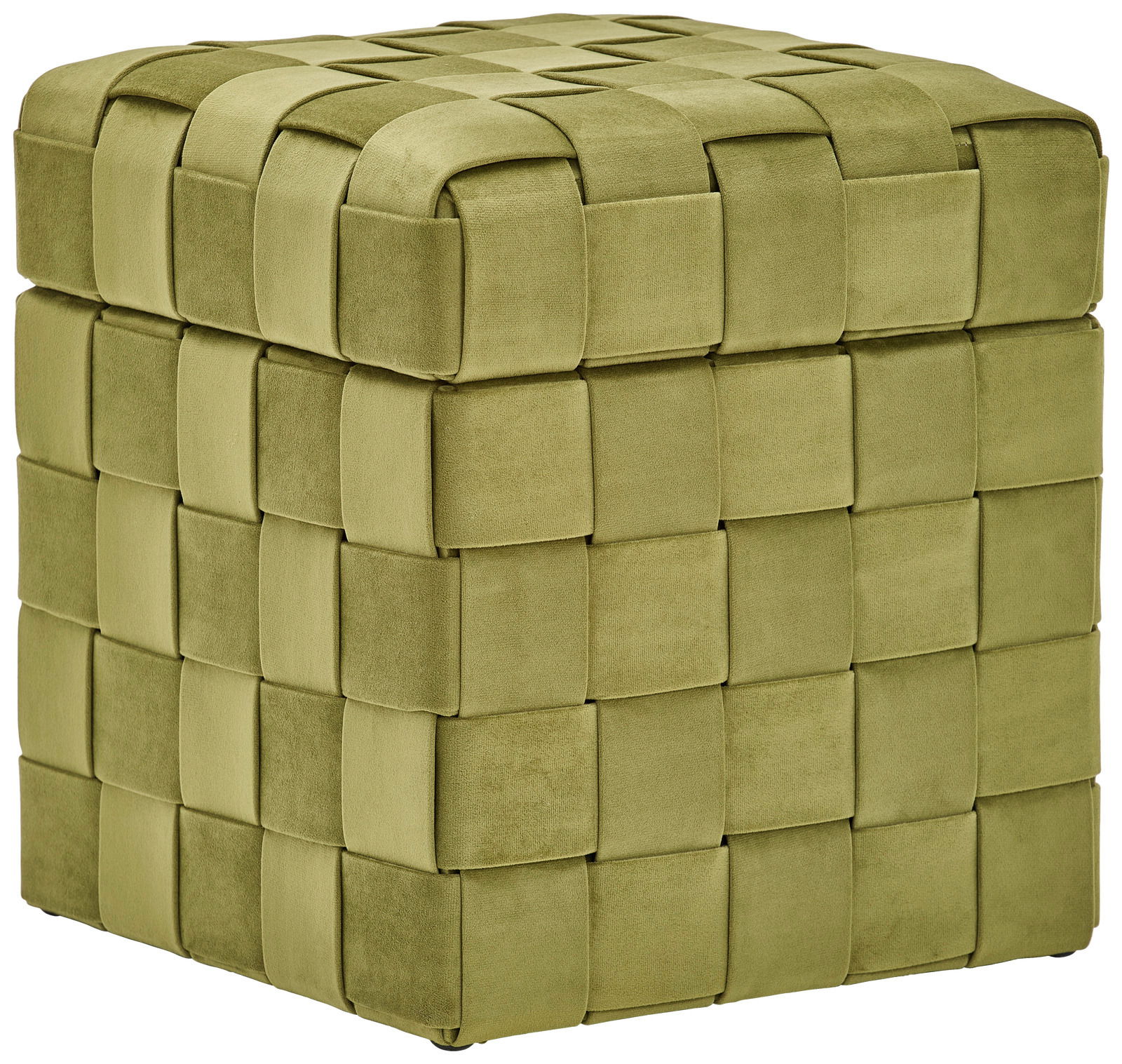 Grüner Hocker mit Stauraum, geflochtenes Design, perspektivische Ansicht von vorne