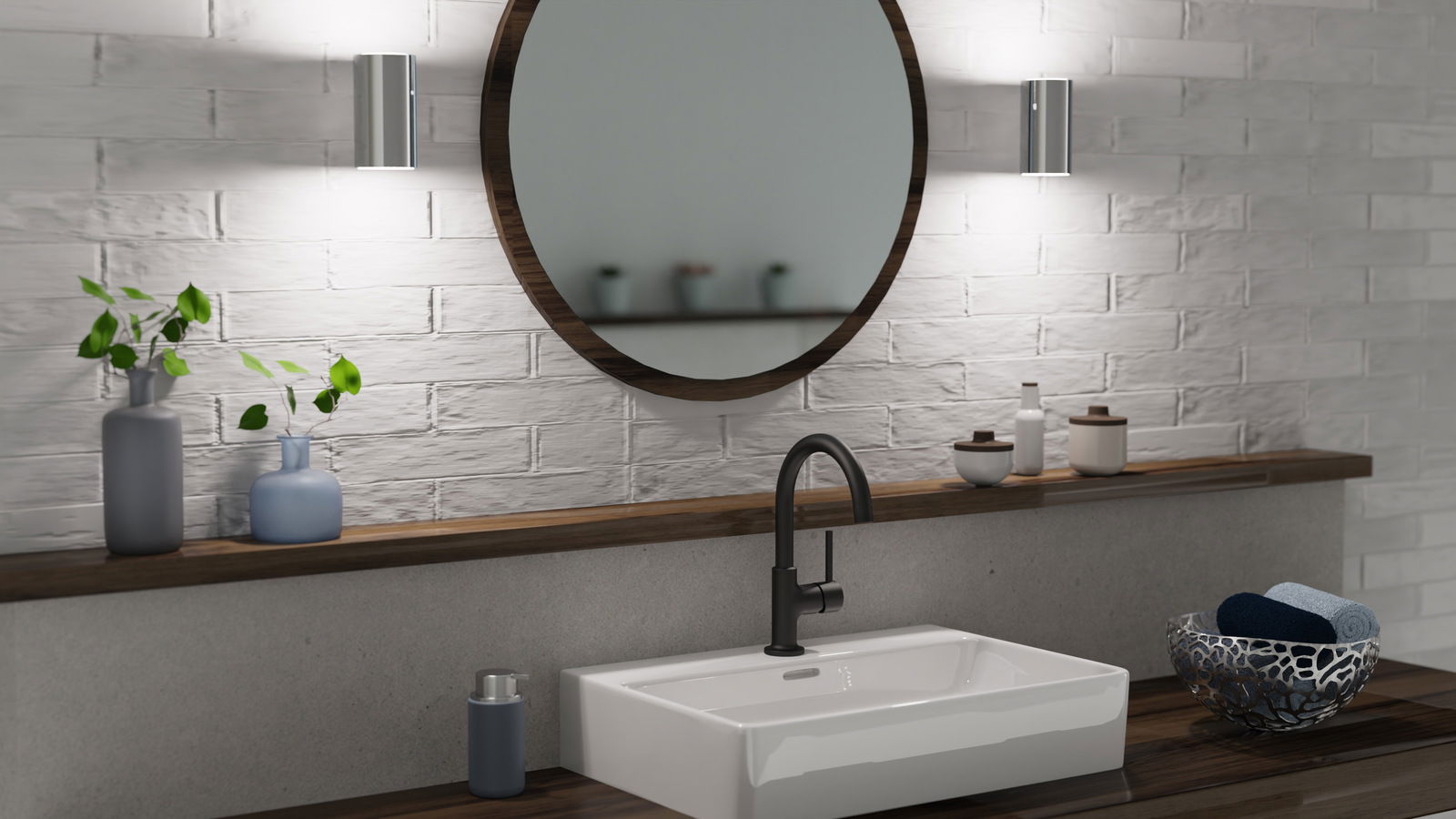 Moderne Waschtischarmatur in mattem Schwarz, seitliche Perspektive, eingebaut in ein stilvolles Badezimmer mit rundem Spiegel und dekorativen Elementen.