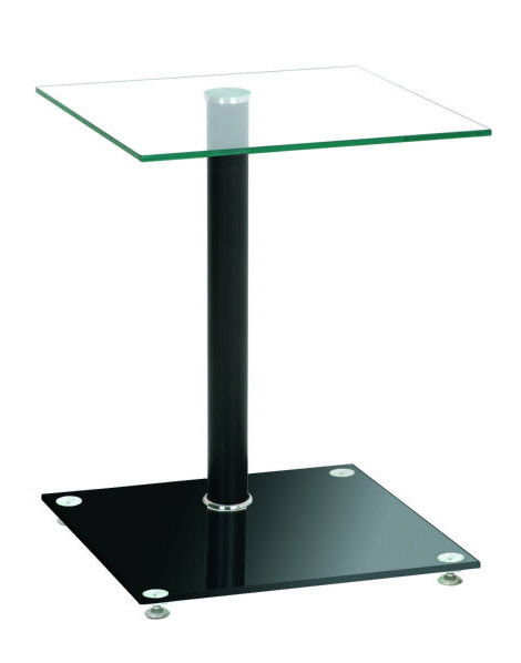 Moderner Beistelltisch mit Glasplatte und schwarzem Standfuß, seitliche Perspektive