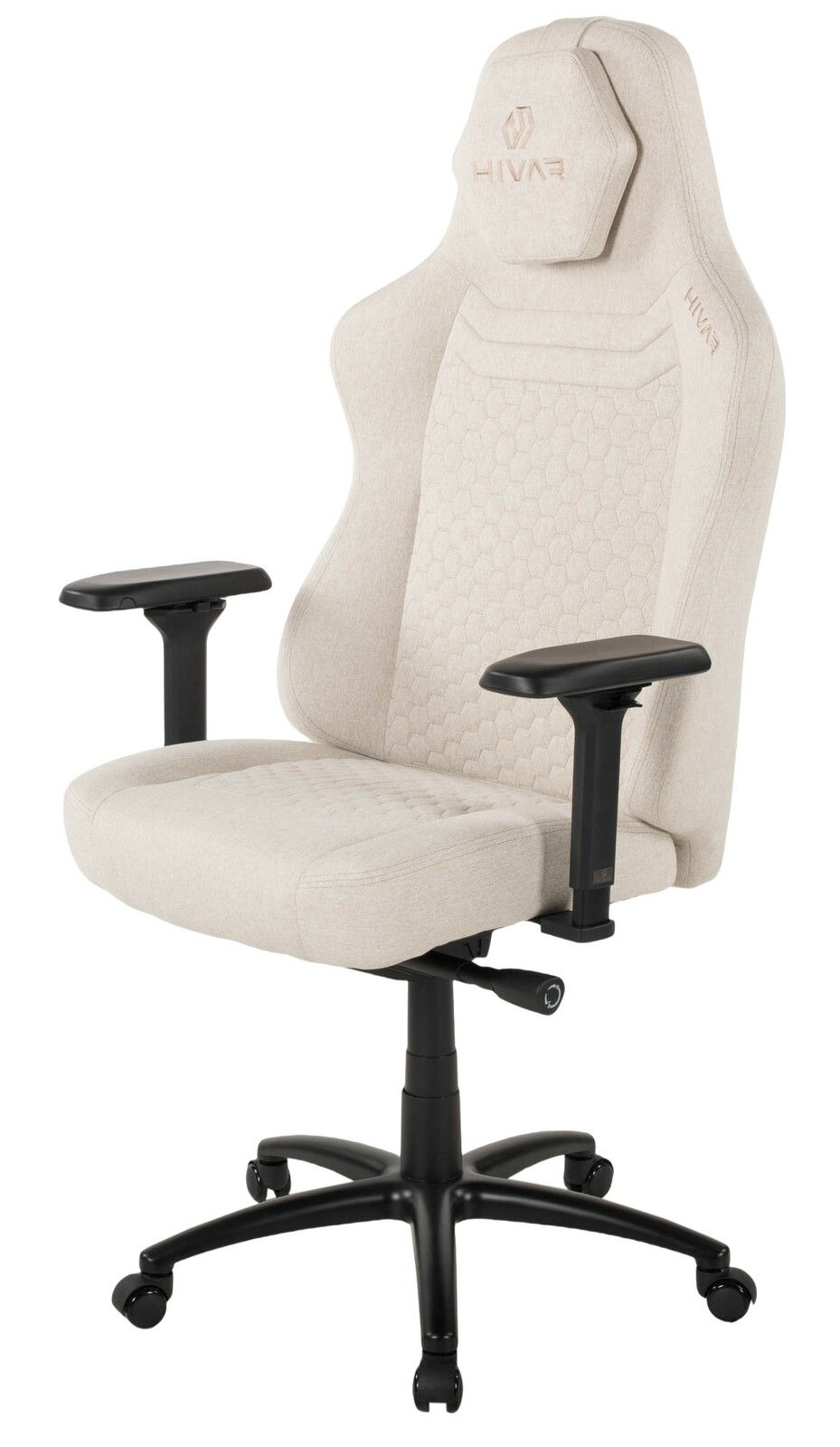 Beiger Gaming-Stuhl mit ergonomischem Design, verstellbaren Armlehnen und stabiler schwarzer Basis, seitliche Perspektive