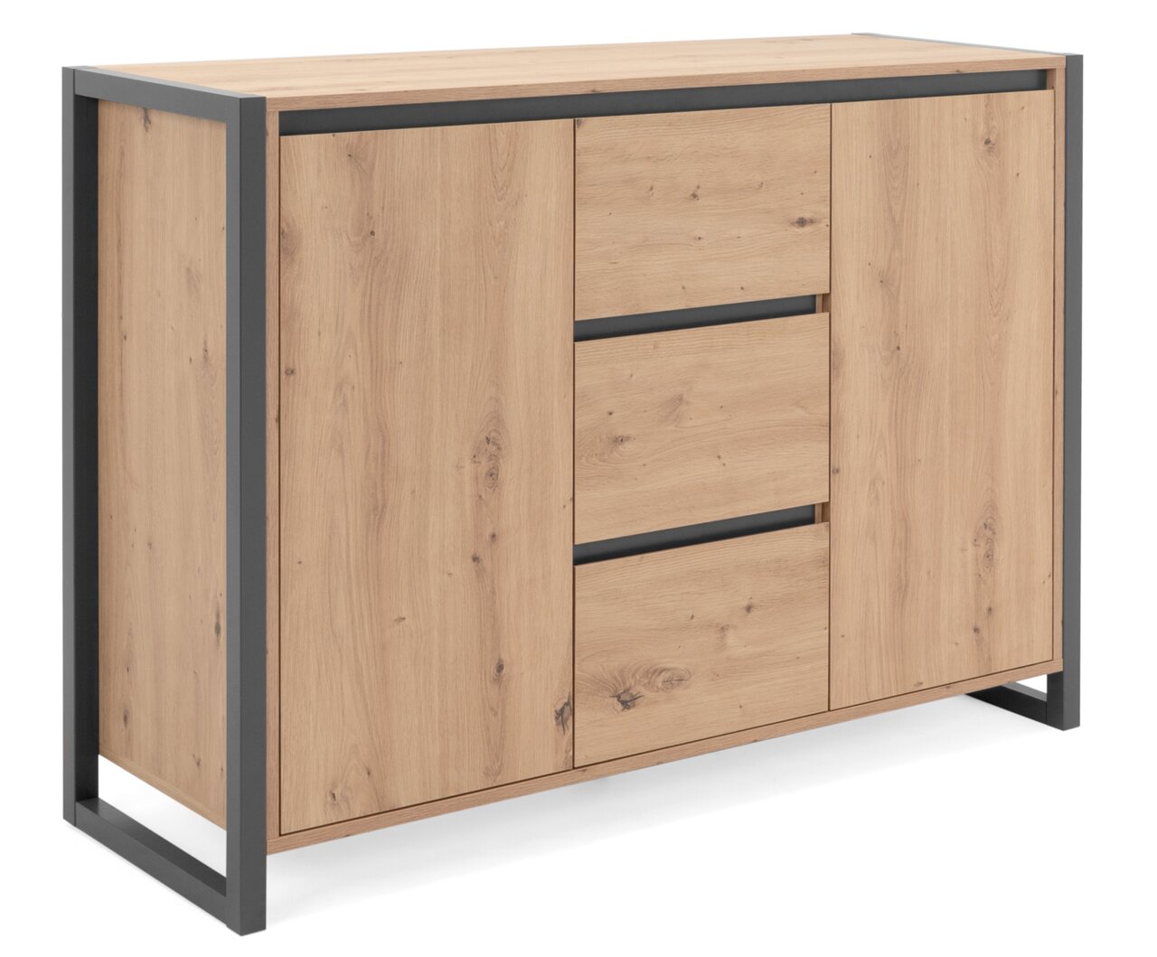 Houten dressoir met metalen frame, vooraanzicht