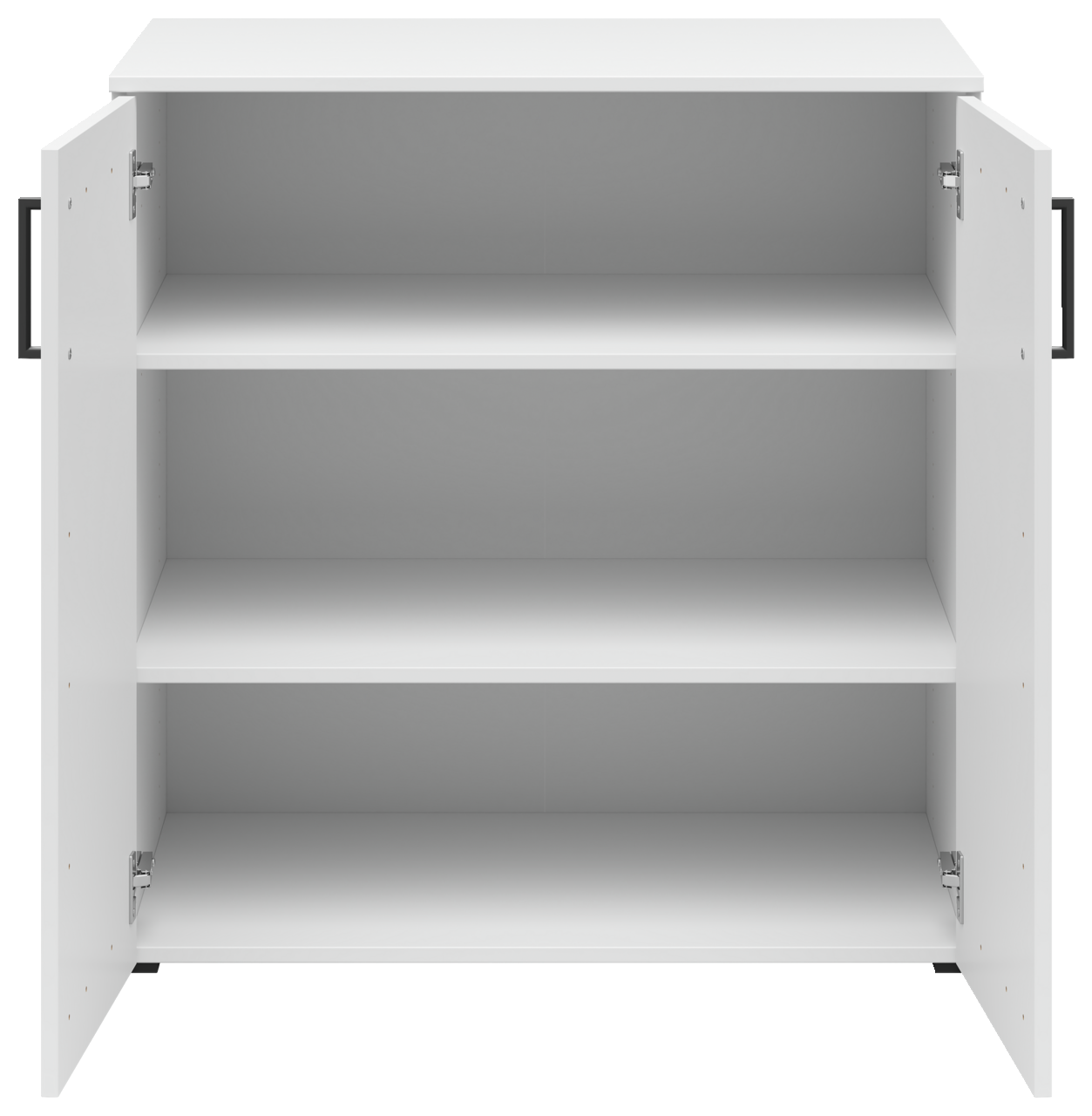 Weiße Kommode mit zwei offenen Türen und drei Regalböden, frontale Ansicht.