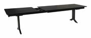 Moderner Esstisch in dunklem Holz, ausziehbar, seitliche Perspektive