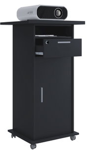 Schwarzer Medien- und Beamerwagen auf Rollen mit Ablagefach, geöffneter Schublade und Schranktür, oben ein weißer Projektor; Perspektive: leicht von vorn rechts in 3/4-Ansicht
