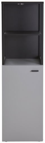 Frontansicht eines modernen Highboards mit offenem Regal und geschlossener Tür in Schwarz und Grau.