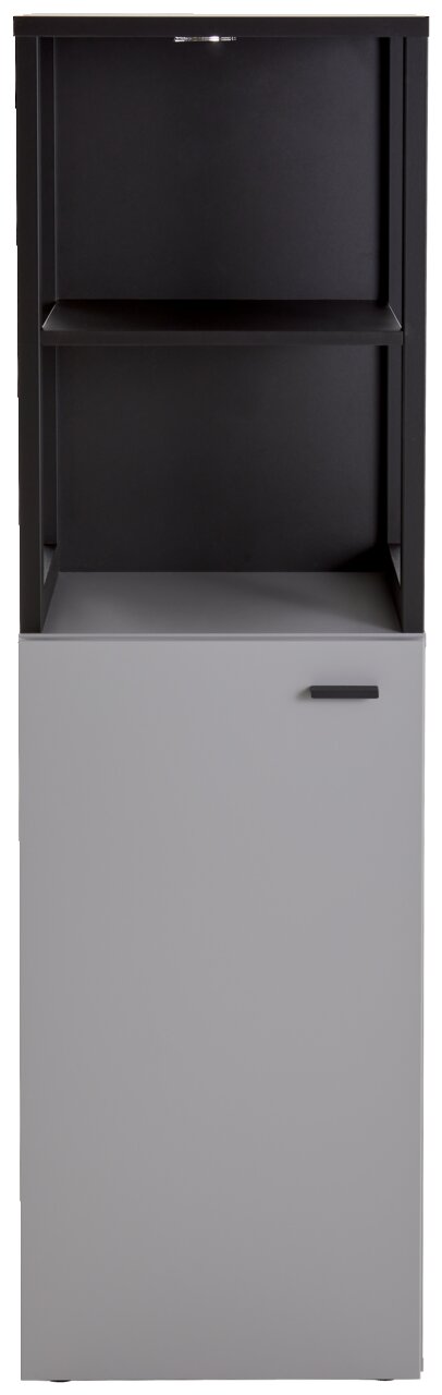 Frontansicht eines modernen Highboards mit offenem Regal und geschlossener Tür in Schwarz und Grau.