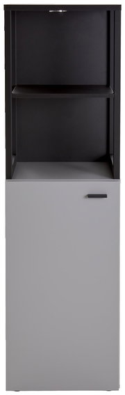 Frontansicht eines modernen Highboards mit offenem Regal und geschlossener Tür in Schwarz und Grau.