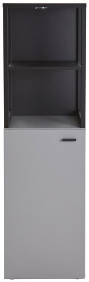 Frontansicht eines modernen Highboards mit offenem Regal und geschlossener Tür in Schwarz und Grau.