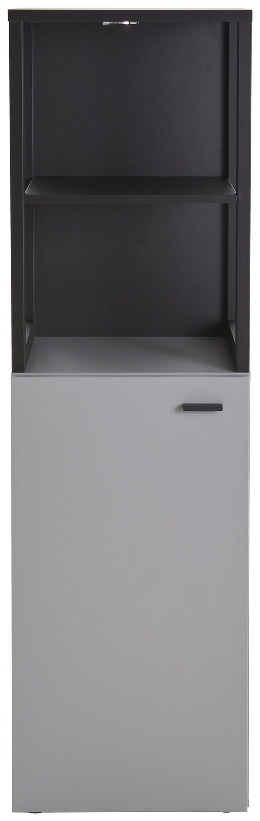 Frontansicht eines modernen Highboards mit offenem Regal und geschlossener Tür in Schwarz und Grau.