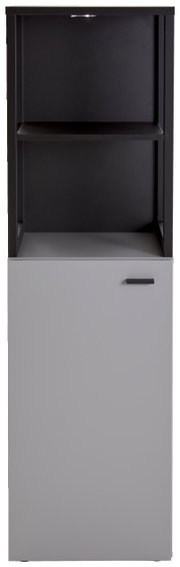 Frontansicht eines modernen Highboards mit offenem Regal und geschlossener Tür in Schwarz und Grau.