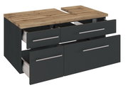 Moderner Waschbeckenunterschrank mit Holzoberfläche und schwarzen Schubladen, perspektivisch von vorne rechts gesehen.