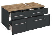 Moderner Waschbeckenunterschrank mit Holzoberfläche und schwarzen Schubladen, perspektivisch von vorne rechts gesehen.