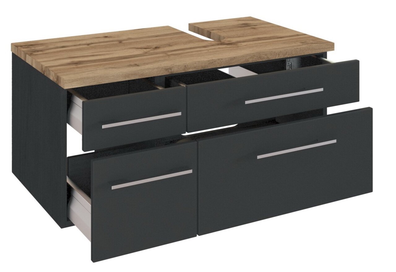 Moderner Waschbeckenunterschrank mit Holzoberfläche und schwarzen Schubladen, perspektivisch von vorne rechts gesehen.