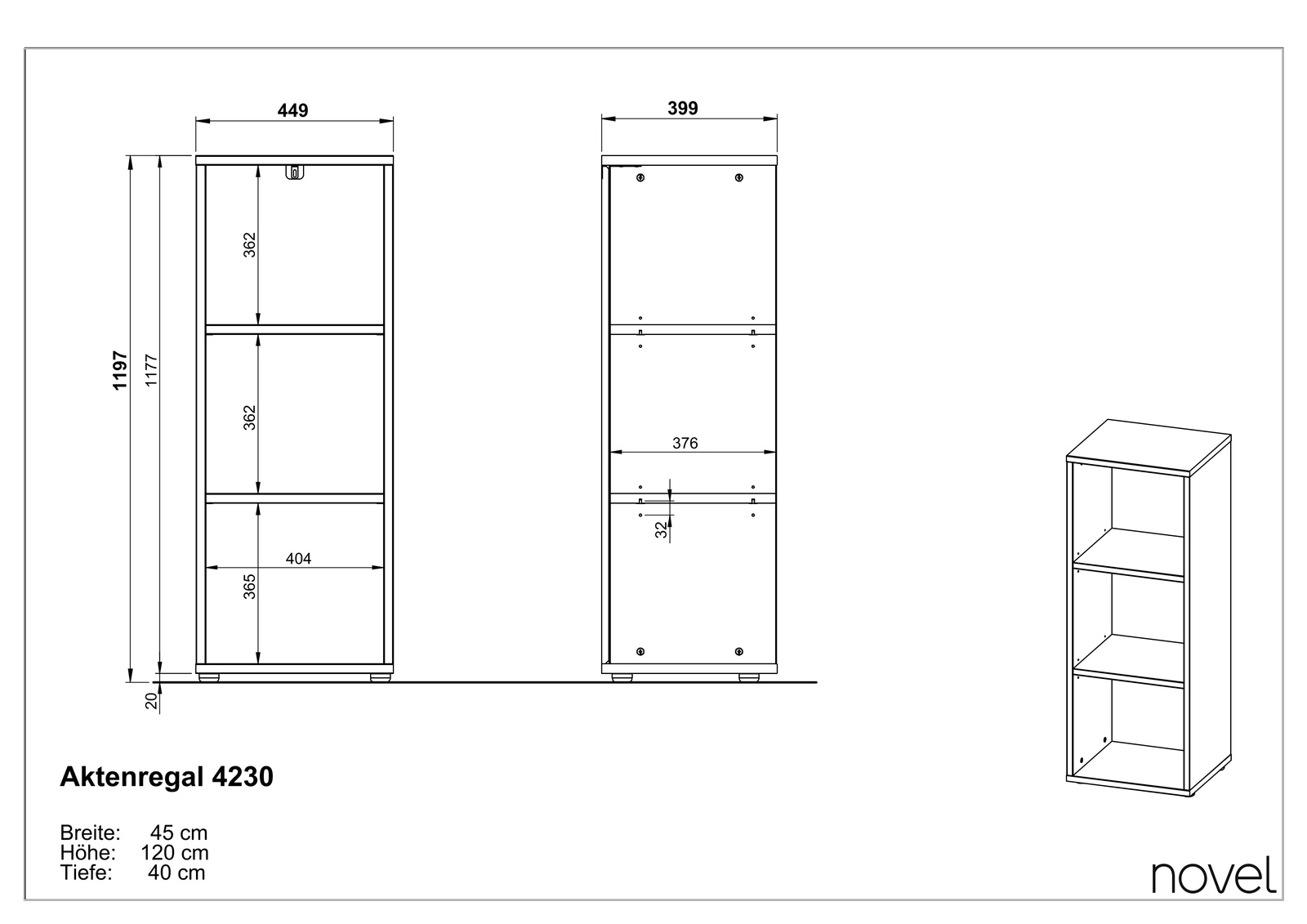 Frontale und seitliche Ansicht eines Aktenregals mit drei Fächern, Maße: Breite 45 cm, Höhe 120 cm, Tiefe 40 cm.