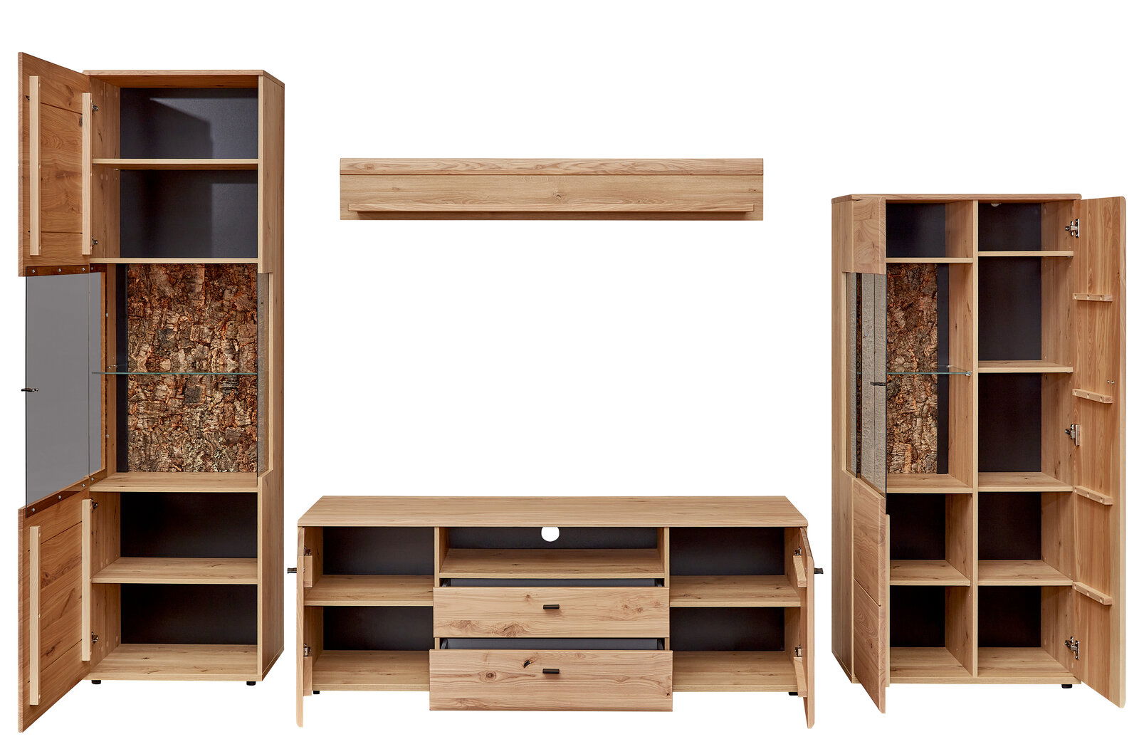 Frontale Ansicht der Wandkombination CALMERA von Linea Natura, bestehend aus zwei hohen Schränken mit Glastüren und einem TV-Board in der Mitte, alle in natürlicher Holzoptik.