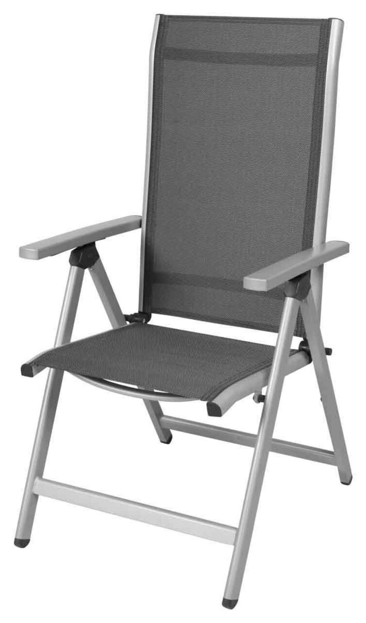 Moderne klapstoel met grijs gaas en een zilverkleurig metalen frame, zijaanzicht