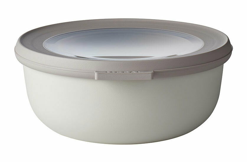 Mepal Multischüssel 750ml CIRQULA Seitliche Ansicht einer runden, cremefarbenen Schüssel mit transparentem Deckel, 750ml Fassungsvermögen.