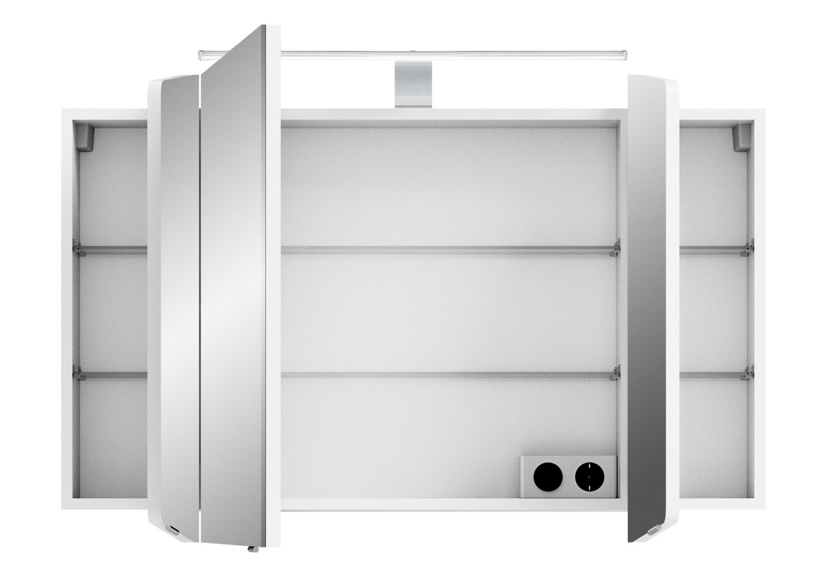 Spiegelschrank mit geöffneten Türen, Innenansicht von oben