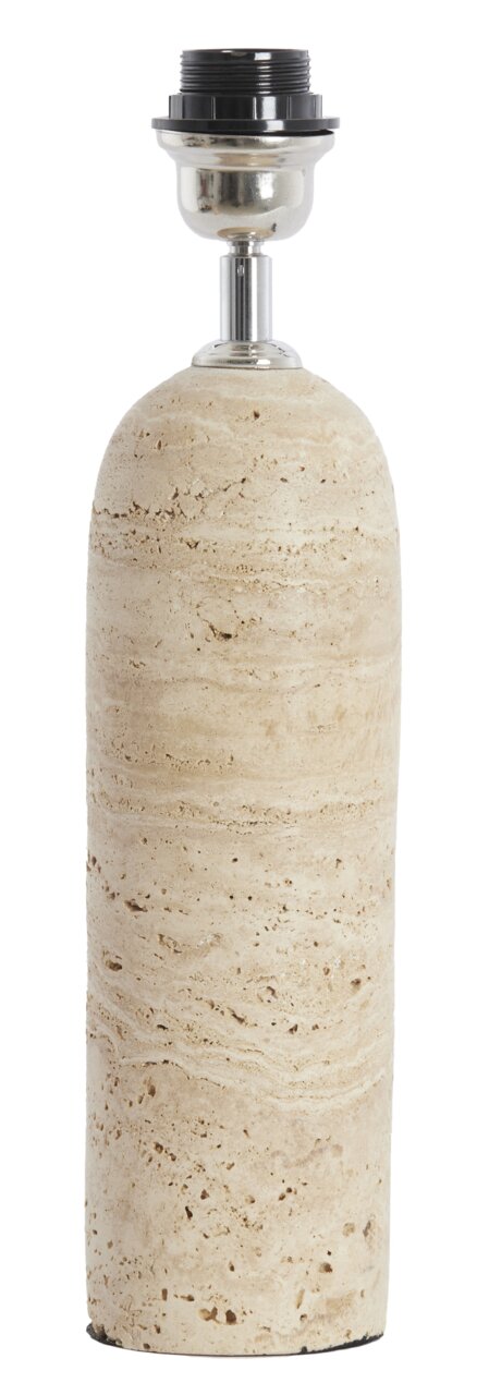 Lampenfuß aus hellem Naturstein mit glatter, zylindrischer Form und metallischem Anschluss, frontal abgebildet.