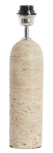 Lampenfuß aus hellem Naturstein mit glatter, zylindrischer Form und metallischem Anschluss, frontal abgebildet.