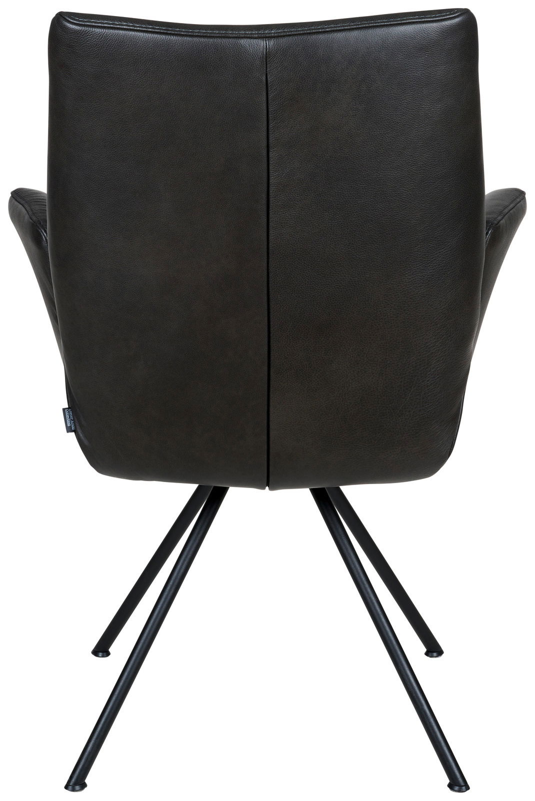 Rückansicht eines modernen Sessels mit schwarzem Lederbezug und schlanken Metallbeinen.
