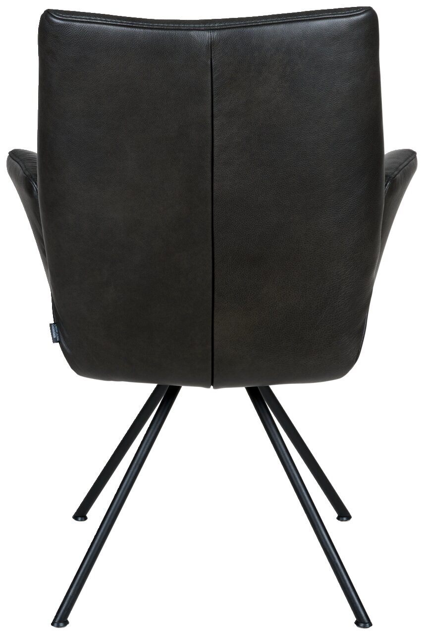 Achterkant van een moderne fauteuil met zwarte lederen bekleding en slanke metalen poten.