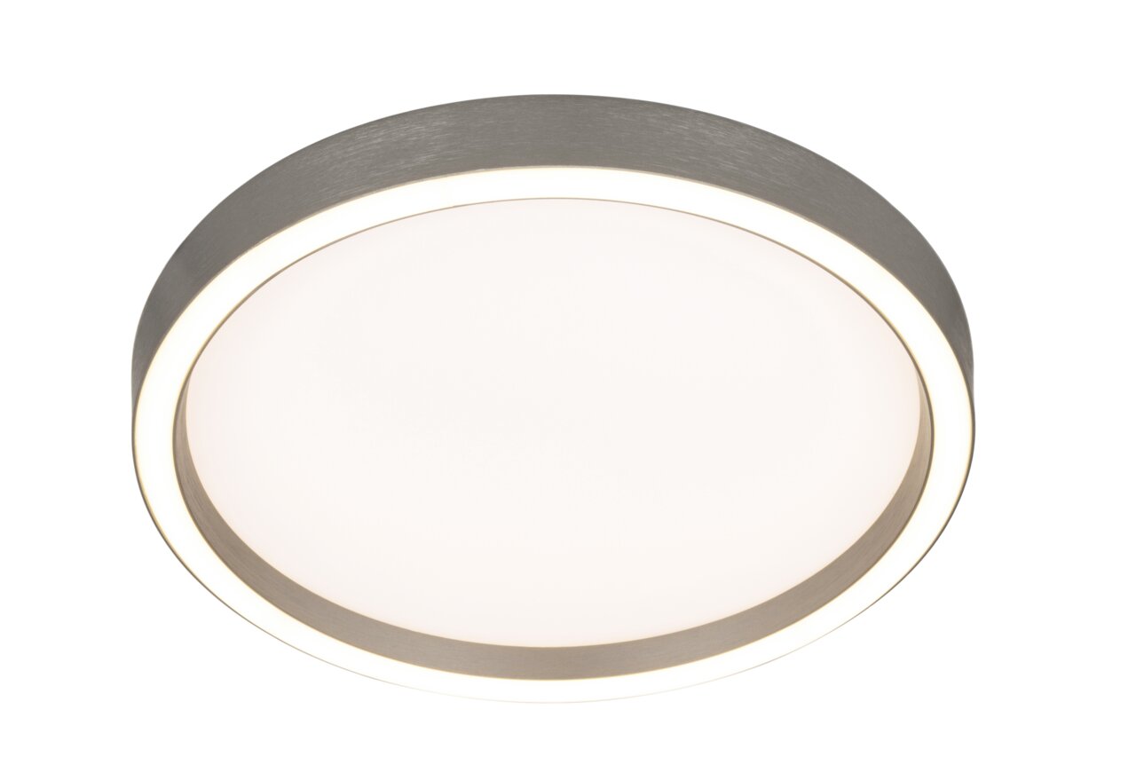 Runde LED-Deckenleuchte in Silberoptik, von unten betrachtet